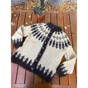 70s Cardigan Sweater Wool Mohair Ivory Brown Nordic Islandic 1970s Fair Isle